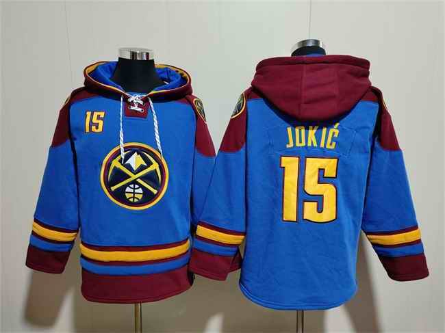 Men's Denver Nuggets #15 Nikola Jokic Blue/Red Lace-Up Pullover Hoodie