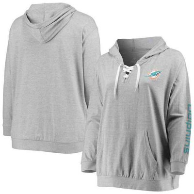 Women's Miami Dolphins Heathered Gray  Lace-Up Pullover Hoodie