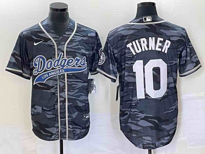 Men's Los Angeles Dodgers #10 Justin Turner Gray Camo Cool Base With Patch Stitched Baseball Jersey