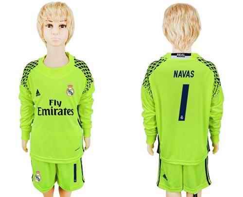 Paris Saint-Germain #1 Navas Shiny Green Goalkeeper Long Sleeves Kid Soccer Club Jersey