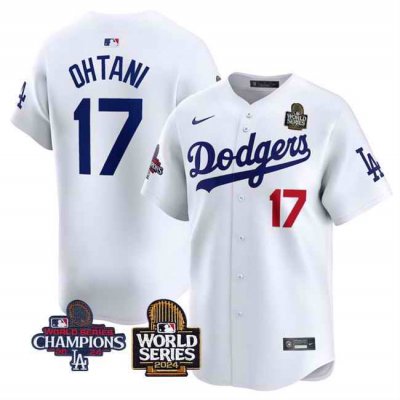 Men's Los Angeles Dodgers #17 Shohei Ohtani White 2024 World Series Patch And Champions Patch Home Limited Stitched Baseball Jersey