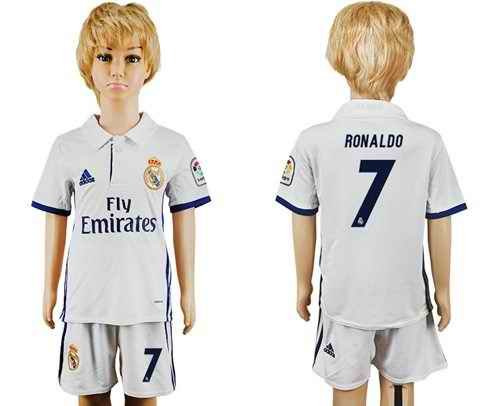 Real Madrid #7 Ronaldo White Home Kid Soccer Club Jersey