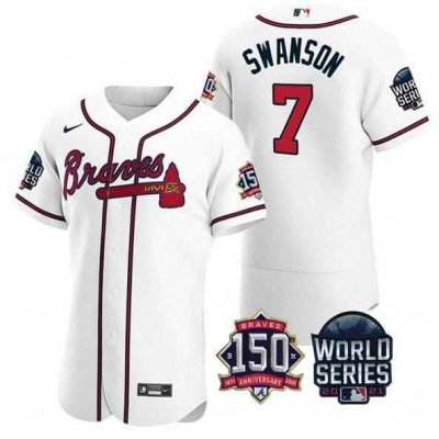 Men's Atlanta Braves #7 Dansby Swanson 2021 White World Series With 150th Anniversary Patch Stitched Baseball Jersey