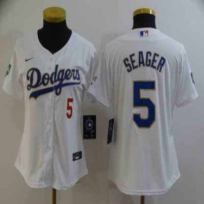 Women's Los Angeles Dodgers #5 Corey Seager White Gold Championship Cool Base Stitched Jersey(Run Small)