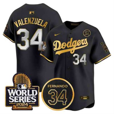 Men's Los Angeles Dodgers #34 Toro Valenzuela Black/Gold 2024 World Series With Fernando Memorial Patch Limited Stitched Baseball Jersey