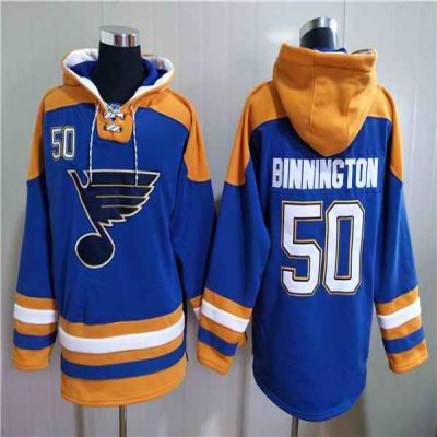 Men's St. Louis Blues #50 Jordan Binnington Blue Ageless Must-Have Lace-Up Pullover Hoodie