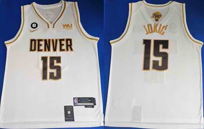 Men's Denver Nuggets #15 Nikola Jokic White With NO.6 Patch Stitched Jersey