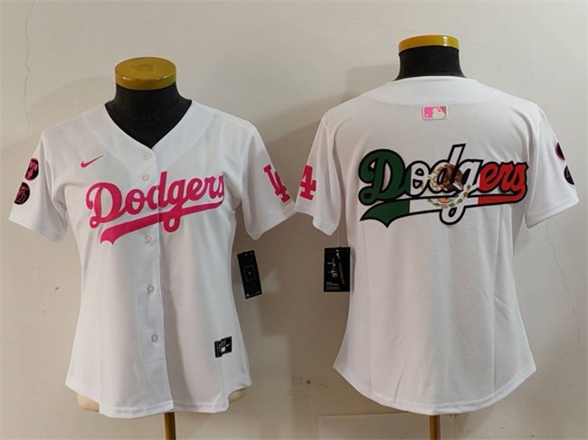 Women's Los Angeles Dodgers Team Big Logo White/Pink Vin & Kobe Patch Stitched Baseball Jersey(Run Small)