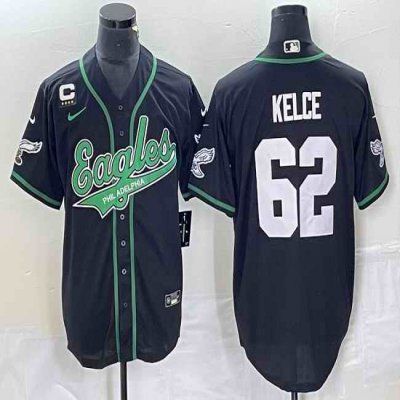 Men's Philadelphia Eagles #62 Jason Kelce Black With 4-star  C Patch Cool Base Stitched Baseball Jersey