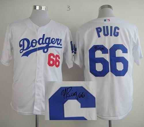 Dodgers #66 Yasiel Puig White Cool Base Autographed Stitched MLB Jersey