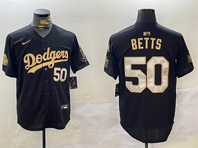 Men's Los Angeles Dodgers #50 Mookie Betts Black/Gold 2024 World Series With Fernando Memorial Patch Limited Stitched Baseball Jersey