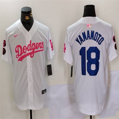 Men's Los Angeles Dodgers #18 Yoshinobu Yamamoto White/Pink Vin & Kobe Patch Stitched Baseball Jersey