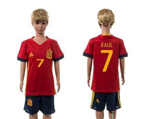 Spain #7 Raul Red Home Kid Soccer Country Jersey