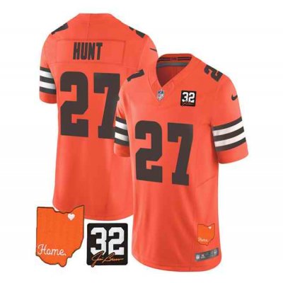 Men's Cleveland Browns #27 Kareem Hunt Orange 2023 F.U.S.E. With Jim Brown Memorial Patch Vapor Untouchable Limited Stitched Jersey