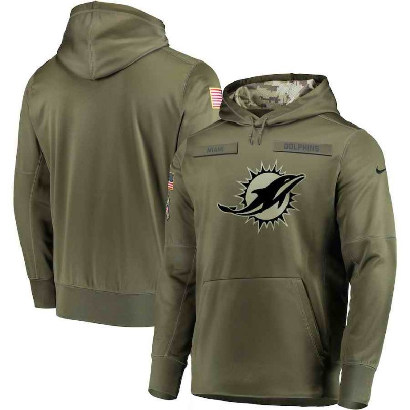 Men's Miami Dolphins 2018 Olive Salute to Service Sideline Therma Performance Pullover Stitched Hoodie