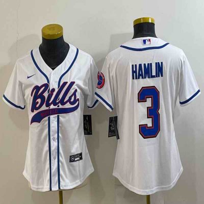 Women's Buffalo Bills #3 Damar Hamlin White With Patch Cool Base Stitched Baseball Jersey(Run Small)