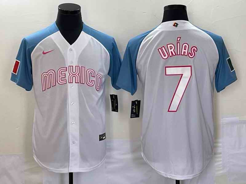 Men's Mexico Baseball #7 Julio Ur'as 2023 White Blue World Baseball Classic Stitched Jersey