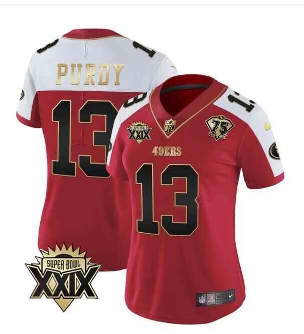 Women's San Francisco 49ers #13 Brock Purdy Red/White Super Bowl XXIX Patch And 75th Anniversary Patch Stitched Game Jersey(Run Small)