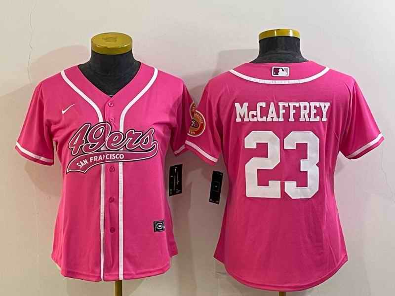 Women's San Francisco 49ers #23 Christian McCaffrey Pink With Patch Cool Base Stitched Baseball Jersey(Run Small)