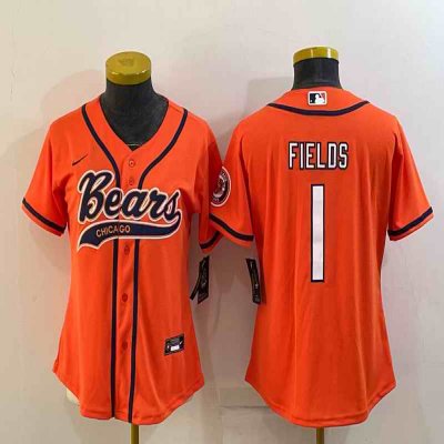 Youth Chicago Bears #1 Justin Fields Orange With Patch Cool Base Stitched Baseball Jersey