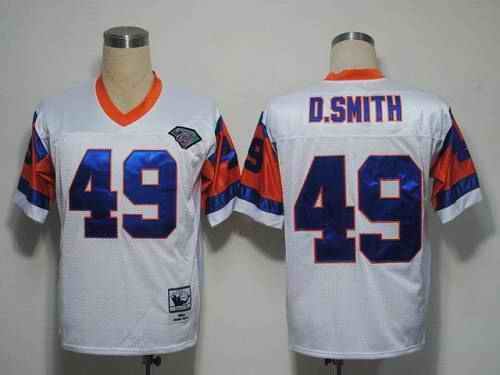 Mitchel and Ness Broncos #49 Dennis Smith White With 75 Anniversary Patch Stitched Throwback NFL Jersey