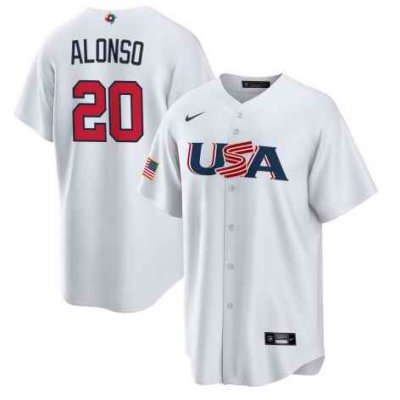 Men's USA Baseball #20 Pete Alonso 2023 White World Baseball Classic Replica Stitched Jersey