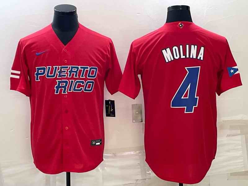 Men's Puerto Rico Baseball #4 Yadier Molina 2023 Red World Baseball Classic Stitched Jersey