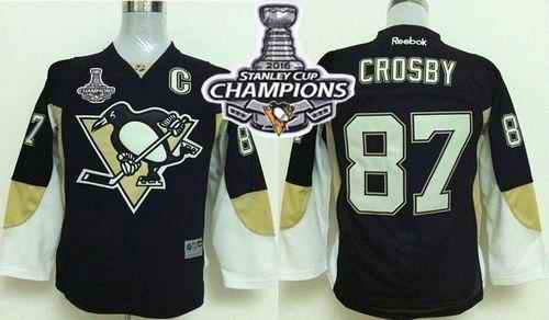 Penguins #87 Sidney Crosby Black 2016 Stanley Cup Champions Stitched Youth NHL Jersey