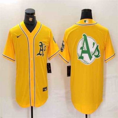 Men's Oakland Athletics Yellow Team Big Logo Cool Base Stitched Baseball Jersey