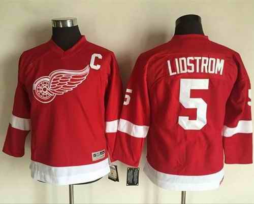 Red Wings #5 Nicklas Lidstrom Red CCM Throwback Stitched Youth NHL Jersey