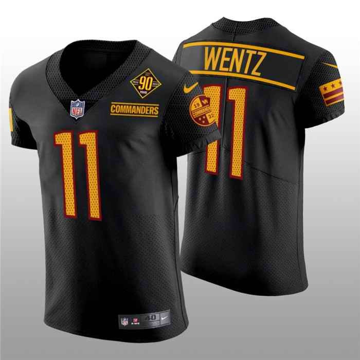 Men's Washington Commanders #11 Carson Wentz 90th Anniversary Black Elite Stitched Jersey