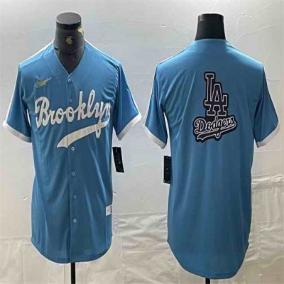 Men's Los Angeles Dodgers Team Big Logo Light Blue Throwback Cool Base Stitched Baseball Jersey