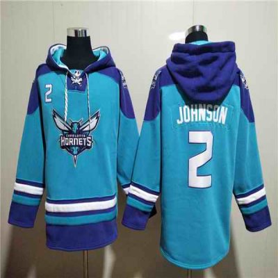 Men's Charlotte Hornets #2 Larry Johnson Aqua Lace-Up Pullover Hoodie