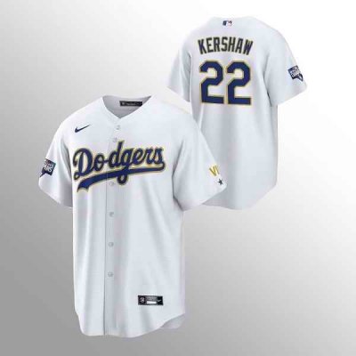 Men's Los Angeles Dodgers #22 Clayton Kershaw White Gold Championship Cool Base Stitched Jersey