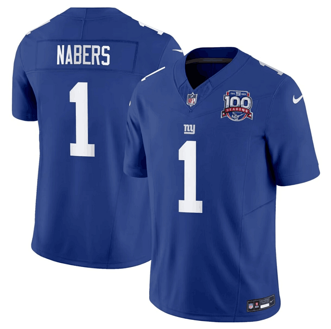 Youth New York Giants #1 Malik Nabers Blue 2024 F.U.S.E. 100TH Season Patch Vapor Untouchable Limited Stitched Jersey