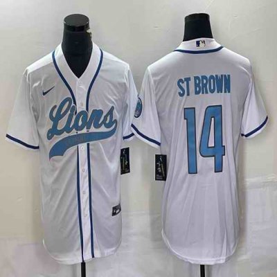 Men's Detroit Lions #14 Amon-Ra St. Brown White Cool Base Stitched Baseball Jersey