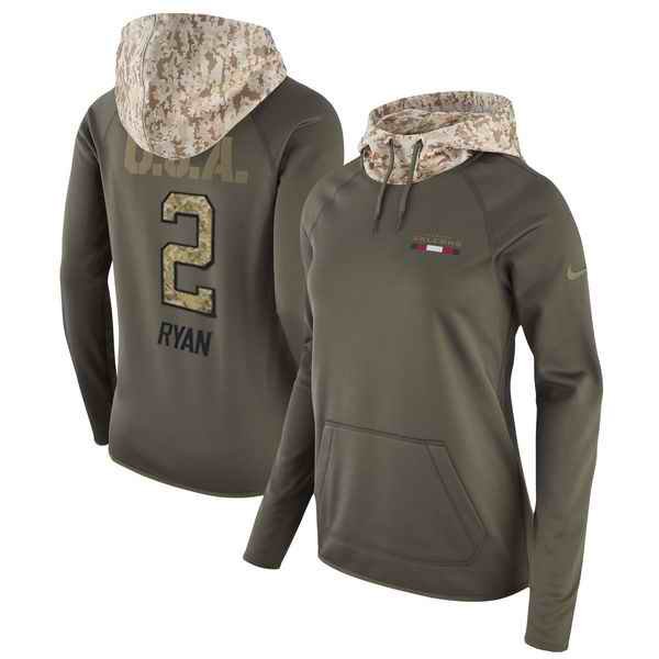 Women's Atlanta Falcons #2 Matt Ryan Olive Salute to Service Sideline Therma Pullover Hoodie