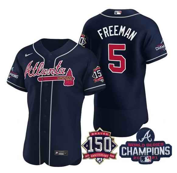 Men's Atlanta Braves #5 Freddie Freeman 2021 Navy World Series With 150th Anniversary Patch Stitched Baseball Jersey