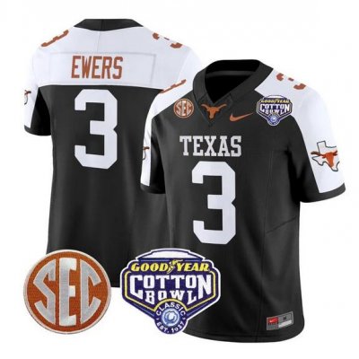 Men's Texas Longhorns #3 Quinn Ewers Black/White F.U.S.E. Cotton Bowl Patch Vapor Limited Stitched Jersey