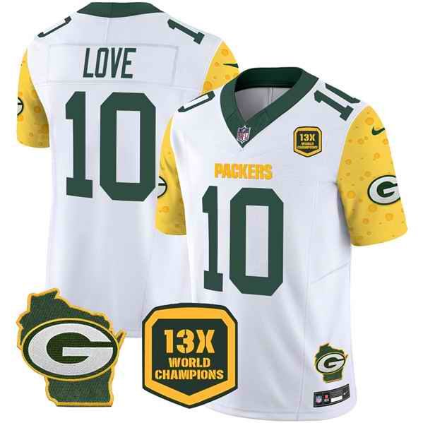 Men's Green Bay Packers #10 Jordan Love Cheese White 2024 F.U.S.E. 13 Time World Champions And Home Patch Vapor Untouchable Limited Stitched Football Jersey