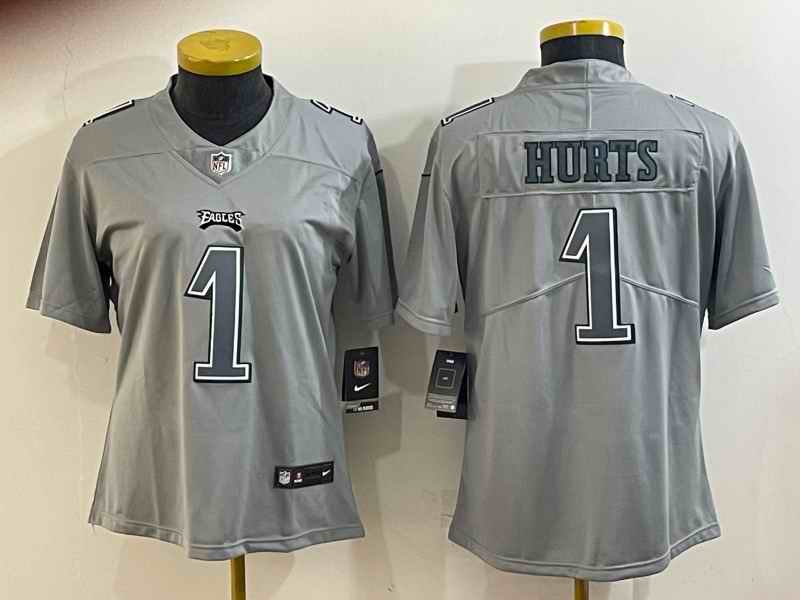 Women's Philadelphia Eagles #1 Jalen Hurts Gray Atmosphere Fashion Stitched Jersey(Run Small)