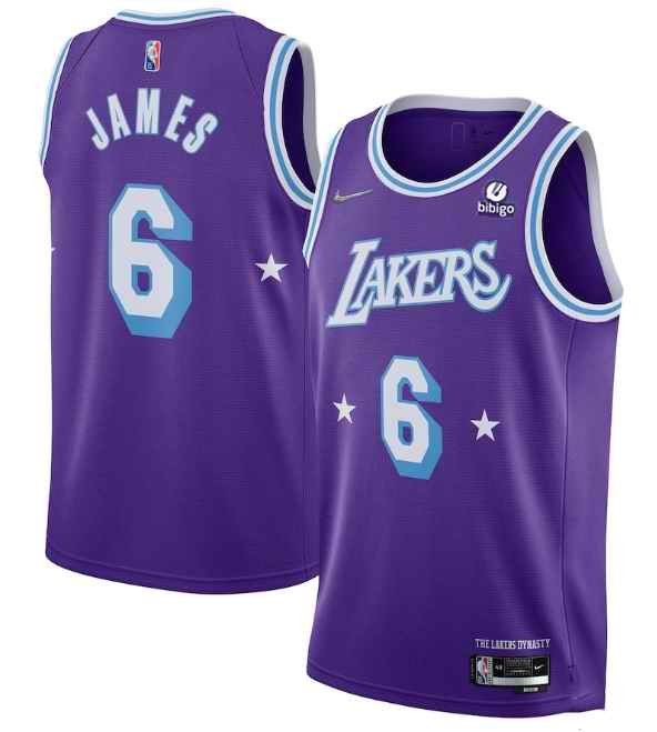 Men's Los Angeles Lakers #6 LeBron James Purple 75th Anniversary City Edition Stitched Jersey