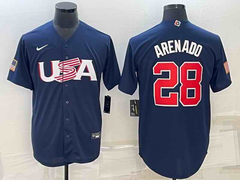 Men's USA Baseball #28 Nolan Arenado 2023 Navy World Baseball Classic Stitched Jersey