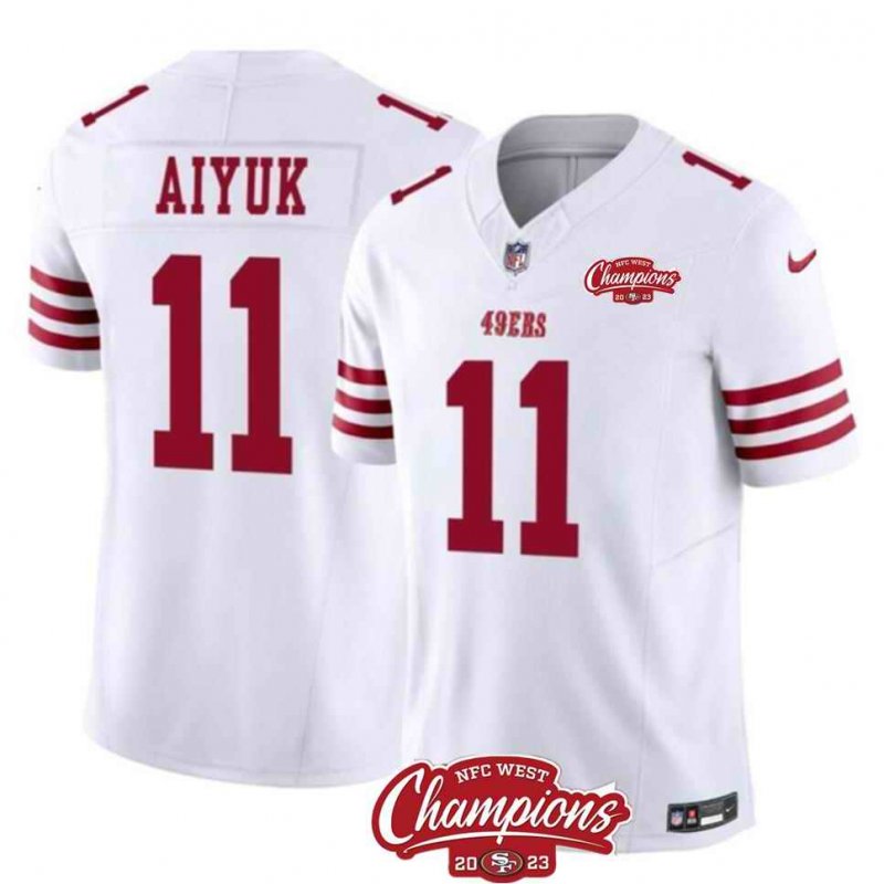 Men's San Francisco 49ers #11 Brandon Aiyuk White 2023 F.U.S.E. NFC West Champions Patch Stitched Football Jersey