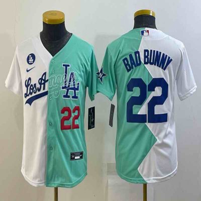 Youth Los Angeles Dodgers #22 Bad Bunny 2022 All-Star White/Green Split Stitched Jersey