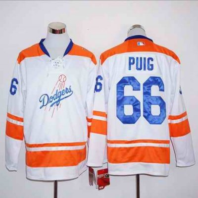 Dodgers #66 Yasiel Puig White/Orange Long Sleeve Stitched MLB Jersey