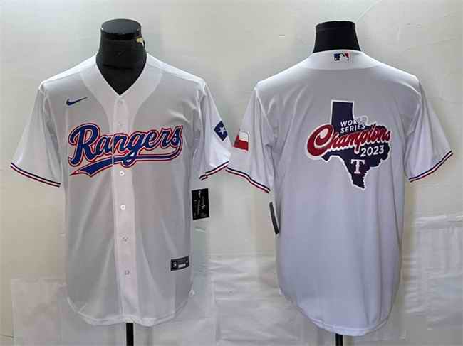 Men's Texas Rangers White 2023 World Series Champions Big Logo With Patch Cool Base Stitched Baseball Jersey