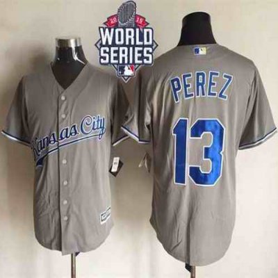 Royals #13 Salvador Perez New Grey Cool Base W/2015 World Series Patch Stitched MLB Jersey