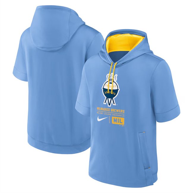 Men's Milwaukee Brewers Light Blue City Connect Short Sleeve Pullover Hoodie