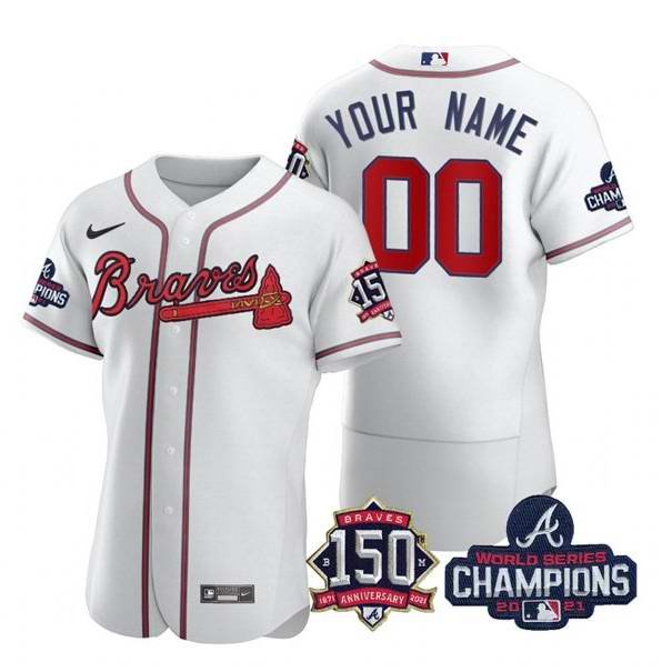 Men's Atlanta Braves Customized 2021 White World Series Champions With 150th Anniversary Flex Base Stitched Jersey